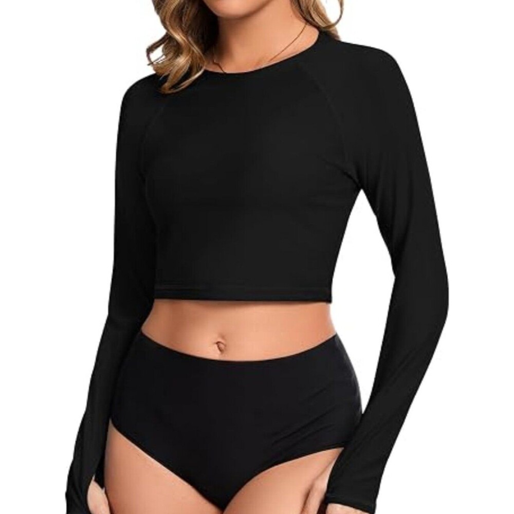 Cropped Rash Guard for Women UPF 50+ Long Sleeve Crop Top Swim Shirt S